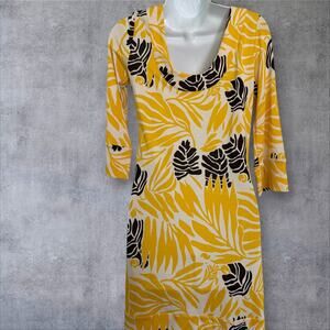 Vintage Diane von Furstenburg Yellow Tropical Print Knit Shift Dress